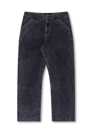 Čierne kordové nohavice so strihom rovného nohu, s prednými vreckami a textúrovanou, rebrovanou tkaninou. Akcenty zahŕňajú brandovaný opasok.