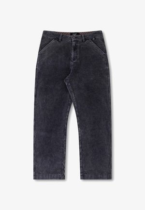 Svarta kordflorsbyxor med rakt ben, med framfickor och en texturerad, ribbad väv. Accenter inkluderar en märkesresår.