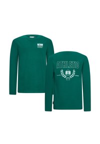 T-shirt a maniche lunghe in cotone teal, con dettagli in bianco che riportano la scritta "RETOUR" sul davanti e "ATHLETIC" accompagnato da un design con alloro sul retro.