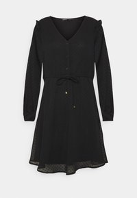 Schwarzes langärmliges Kleid mit V-Ausschnitt, durchgehender Knopfleiste, Rüschendetails an den Schultern, Kordelzug in der Taille und strukturiertem Stoff mit Punkten.