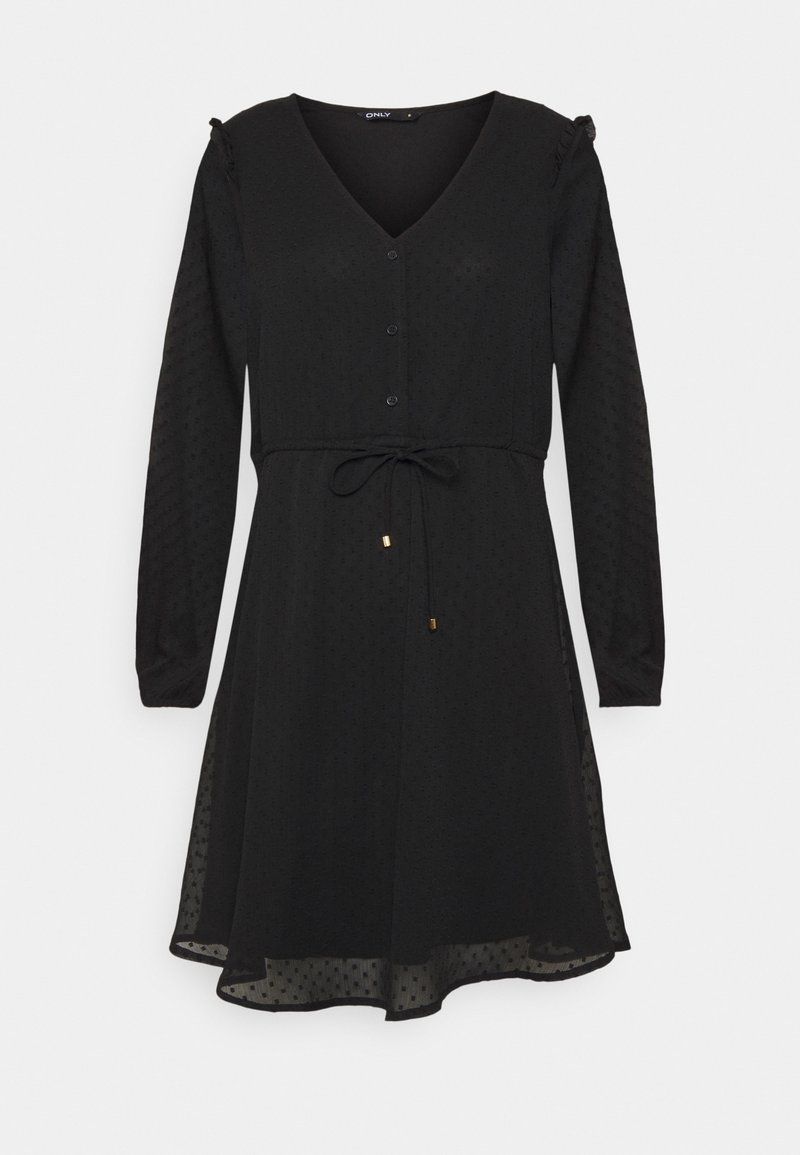 Schwarzes langärmliges Kleid mit V-Ausschnitt, durchgehender Knopfleiste, Rüschendetails an den Schultern, Kordelzug in der Taille und strukturiertem Stoff mit Punkten.