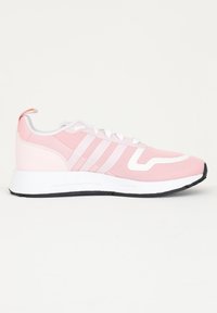 Pink athletic shoe with mesh upper, white accents, and three stripes design. Features a white midsole and black rubber outsole.