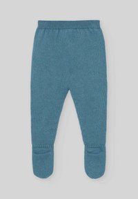 Leggings pour bébé tricotés en bleu avec une ceinture côtelée et un design de pied fermé. Texture lisse, coupe ajustée et sans motifs ni accents visibles.