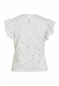 Blouse blanche à manches courtes avec manches à volants, motif floral découpé et fermeture à bouton avec ouverture en forme de goutte à l'arrière du col.