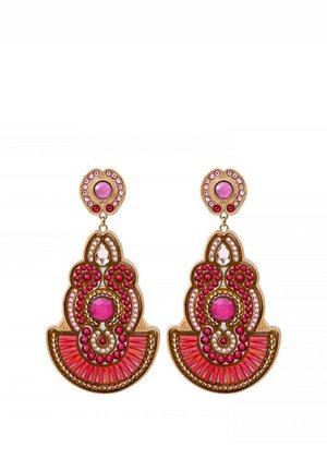 Boucles d'oreilles dorées présentant des designs complexes, des pierres roses et une forme de éventail avec des accents texturés et des clous ronds en haut.