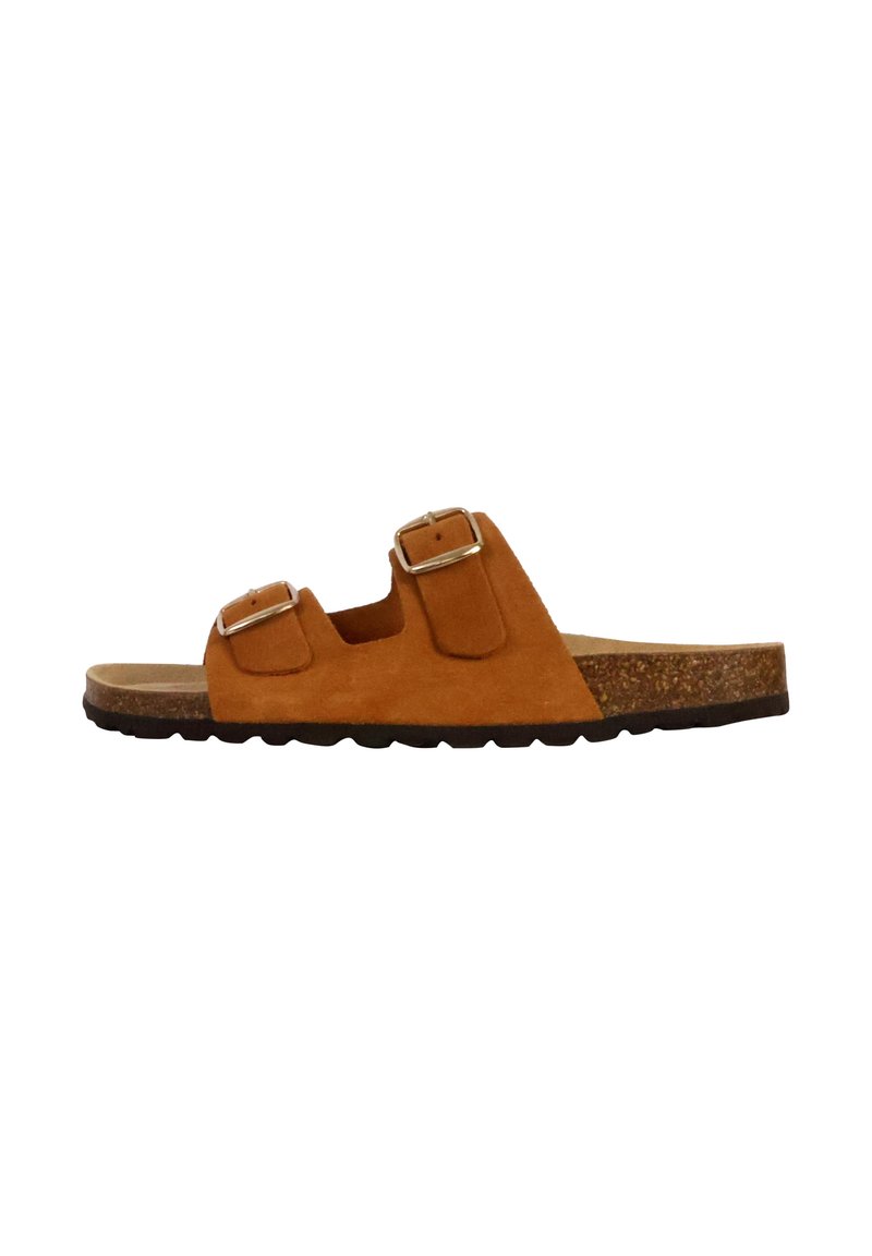 Brune ruskinds slide sandal med to justerbare spænder, en korkfodbed og en struktureret sort gummisål. Flad design, åben tå.