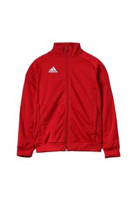 Röd Adidas zip-up sportjacka med hög krage och vit logotyp på vänster bröst, med framfickor och långa ärmar.