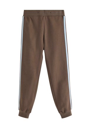 Braune Jogginghose mit schmal zulaufender Passform, ausgestattet mit hellblauen seitlichen Streifen, geripptem Bund und Bündchen; weicher, strukturierter Stoff.