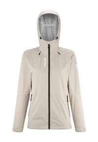 Veste imperméable beigne clair avec capuche, fermeture éclair à l'avant et deux poches latérales. Présente une doublure en maille et des zips noirs contrastants.