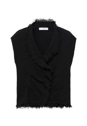 Schwarzes ärmelloses Top aus strukturiertem Stoff, mit einem ausgefransten offenen Kragen und rüschigem Design. Die Ränder sind ebenfalls ausgefranst für zusätzliche Details.