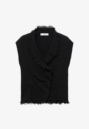 Musta ilmanhiha toppi, joka on valmistettu strukturoituneesta kankaasta. Siinä on repaleinen avokolla ja röyhelödesign. Reunat ovat myös repaleiset yksityiskohtia varten.