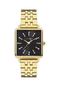 Vierkante goudkleurige horloge met een zwarte wijzerplaat, voorzien van zilveren uurmarkeringen en diamanteffecten, en een gouden metalen armband. Datumweergave op zes uur.