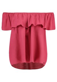 Rosa schulterfreie Bluse mit elastischem Ausschnitt und Rüschen-Details, ausgestattet mit einem verlaufenden Saum und leichtem Stoff.
