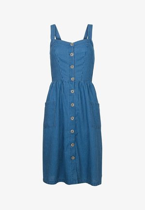 Blue sleeveless dress with white vertical stripes, front buttons, a fitted waist, and two front pockets.