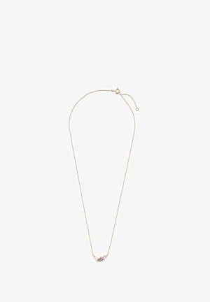 Halskette in Goldtönen mit einer zarten Kette; verfügt über einen Cluster aus lila und klaren Edelsteinen in der Mitte, die ein florales Design bilden.