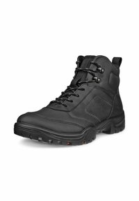 Botas negras hasta el tobillo hechas de cuero suave con un acabado texturizado, cuentan con un cierre de cordones en la parte delantera, un talón reforzado y una suela de goma con tracción.