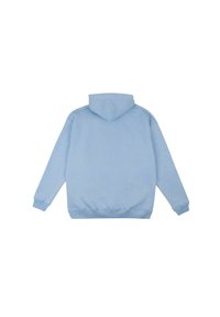 Hellblauer Hoodie mit Kordelzugkapuze, gerippten Bündchen und Saum. Aus weichem Stoff gefertigt, zeichnet sich durch ein einfaches, schmuckloses Design aus.
