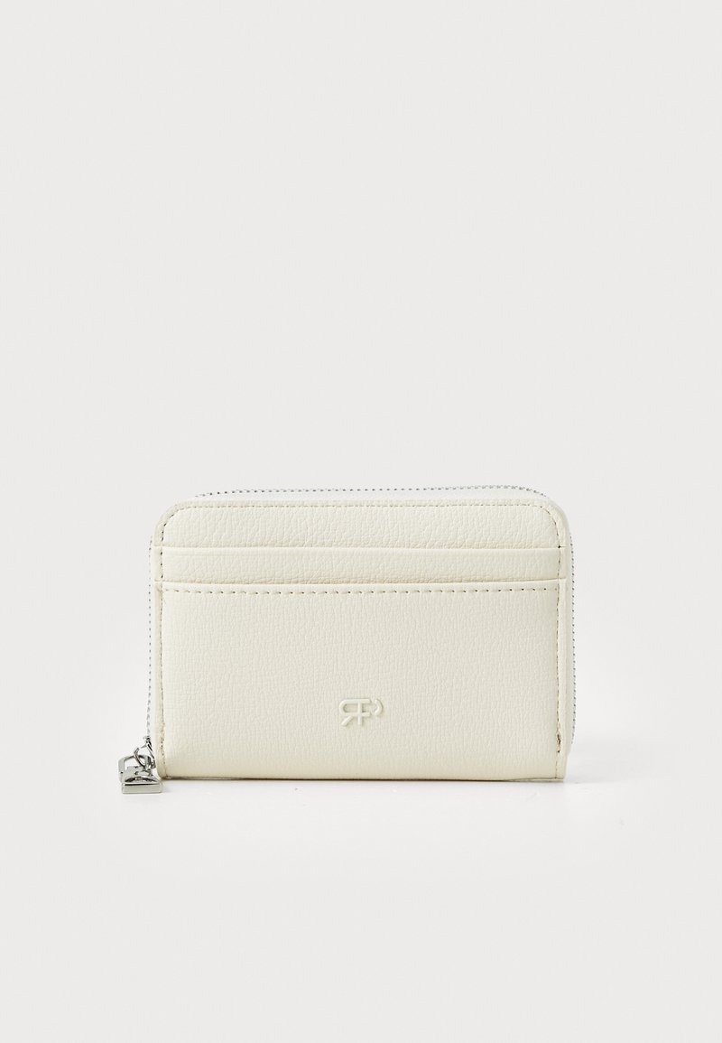 Cream-colored wallet with a textured leather finish, zip closure, and multiple card slots on the front. Subtle logo detail present.