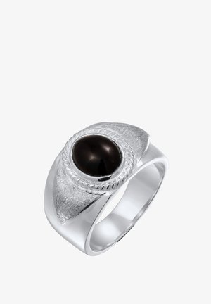 Sterling sølv ring med en stor sort onyx ædelsten, med en tekstureret ring, rebdetaljer og et dristigt, vinklet design.