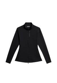 Sorte zip-up jakke med lange ærmer, lavet af syntetisk materiale. Har en høj krave og et slankt, tætsiddende design med diskret branding.