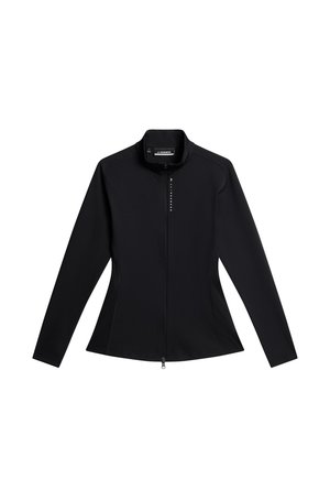 Black zip-up jacket with long sleeves, made from synthetic material. Features a high collar and sleek, fitted design with subtle branding.