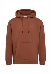 Brun hættebluse i struktureret stof, med en frontlomme, snørret hætte og ribbet mansjetter. Subtil logo detalje på brystet.