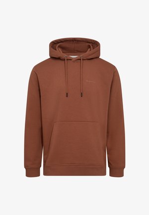 Brown hoodie in textured fabric, featuring a front pocket, drawstring hood, and ribbed cuffs. Subtle logo detail on chest.