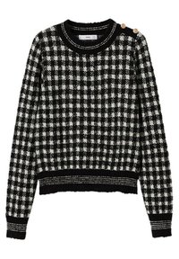 Pull à carreaux noir et blanc avec encolure ronde, poignets et ourlet côtelés, et deux accents à boutons dorés sur l'épaule.