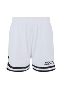 White athletic shorts with black stripes at the hem, made from breathable mesh fabric, featuring a small black logo on the lower side.