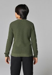 Maglione lavorato a maglia verde oliva con un motivo testurizzato, scollo rotondo e maniche lunghe, abbinato a pantaloni neri. Vista posteriore.