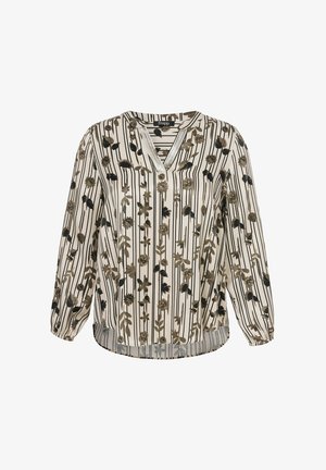Blouse crème à rayures verticales noires et imprimé floral marron, manches longues, col en V avec petits plis sur l'ourlet avant.