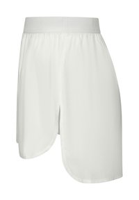 White lightweight athletic shorts with an elastic waistband, featuring a layered design and side slit for increased mobility and comfort.