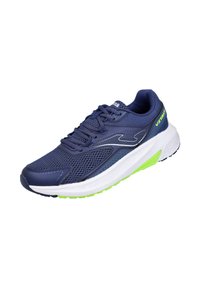 Zapatilla de running de malla en color navy con suela blanca y verde neón, que presenta puntera reforzada, lengüeta acolchada y rayas contrastantes en el lateral.