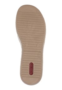 Suola di scarpa in gomma con una superficie testurizzata e scanalata. Presenta un accento di logo rosso e marcature di taglia. Il colore è beige con una finitura liscia.