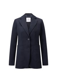 Námořnický blazer s hladkou texturou, dvěma předními kapsami, zapínáním na jeden knoflík a designem s klopou. Má podšívku uvnitř.