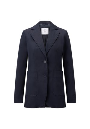 Navy blazer with a smooth texture, two front pockets, single-button closure, and a notched lapel design. Features a lined interior.