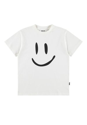 T-shirt bianca a maniche corte con una grande grafica di una faccina sorridente nera sulla parte anteriore e scollo rotondo.