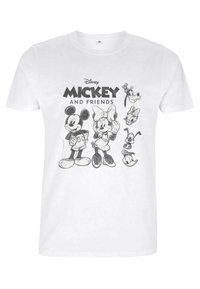Bílý bavlněný tričko s černými karikaturními ilustracemi Mickey Mouse, Minnie Mouse, Goofyho a Donalda Ducka, s textem "Mickey a přátelé."