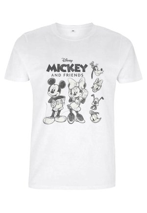 White cotton t-shirt featuring black cartoon illustrations of Mickey Mouse, Minnie Mouse, Goofy, and Donald Duck, with text "Mickey and Friends."