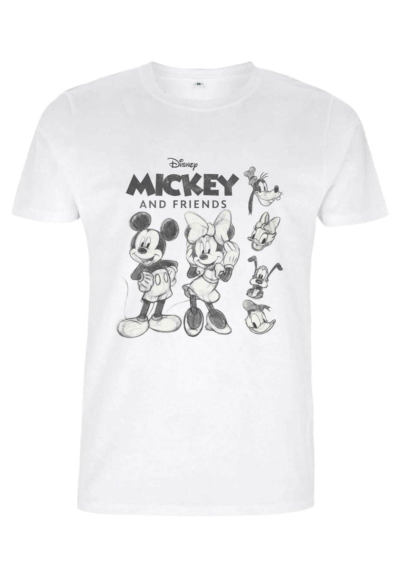 Bílý bavlněný tričko s černými karikaturními ilustracemi Mickey Mouse, Minnie Mouse, Goofyho a Donalda Ducka, s textem "Mickey a přátelé."