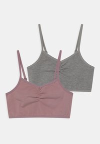Två korta braletter: en i mjuk mauve med rynkad design och den andra i grått, båda med justerbara band och sömlösa kanter.