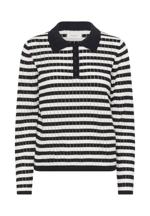Juoda ir balta dryžuota ilgomis rankovėmis pūstuko megztinis su polo apykakle, mygtukų užsegimu ir raštuotais rankogaliais, su tekstūriniu mezgimo dizainu.