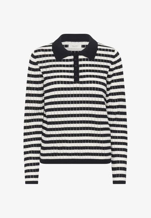 Pull-over à manches longues rayé noir et blanc avec col polo, patte de boutonnage et poignets côtelés, présentant un design en tricot texturé.