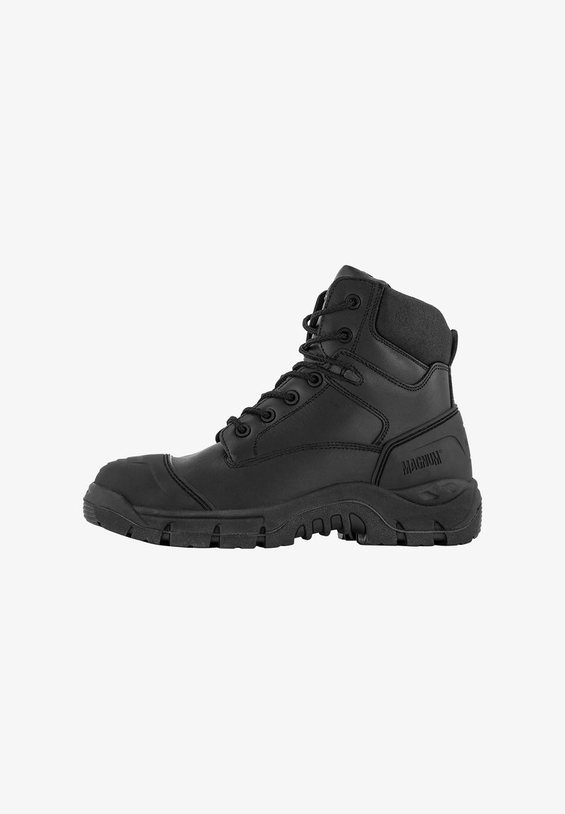 Black tactical boot featuring a durable leather and synthetic upper, high ankle support, lace-up front, and rugged rubber sole with tread pattern.
