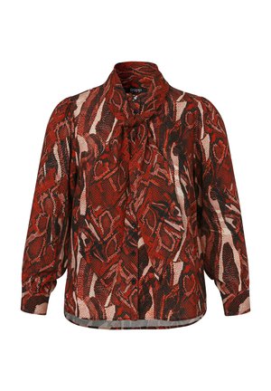 Langärmelige rot-schwarz gemusterte Bluse mit Knöpfen vorne und gebundenem Schleifenkragen, aus texturiertem, leichtem Stoff gefertigt.
