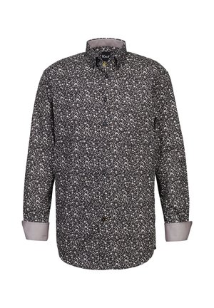 Schwarzes Langarmhemd mit weißem Blumenmuster, ausgestattet mit einem Button-Down-Kragen und kontrastierenden hellgrauen Manschetten.
