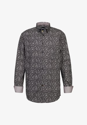 Maglietta nera a maniche lunghe con motivo floreale bianco, dotata di colletto con bottoni e polsini grigio chiaro a contrasto.