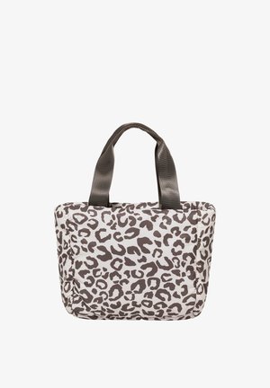 Leopard-print tote bag made of fabric with a soft texture. Features dark brown handles and a rectangular shape.