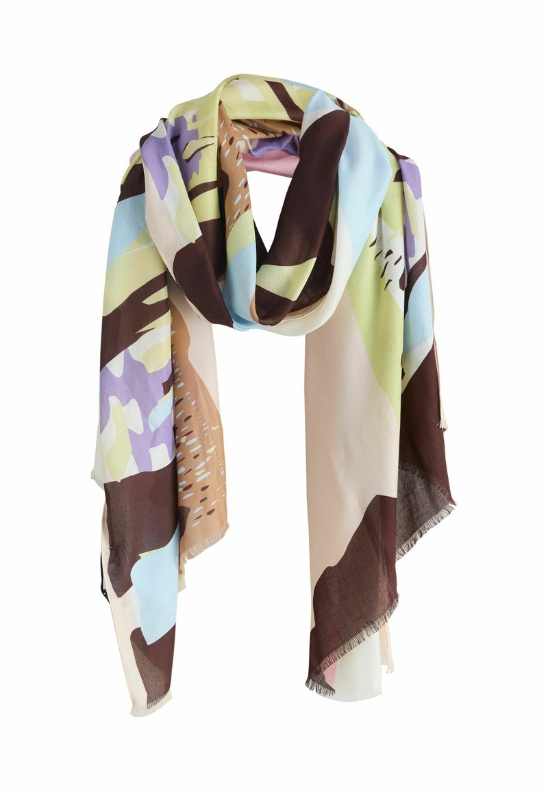 Színes mintás sál pasztell zöld, kék, lila és barna absztrakt alakzatokkal, rojtos szegéllyel.