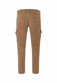 Bruine corduroy cargo broek met zijzakken, een slim fit en een gestructureerde stof. Achterzakken zijn ook zichtbaar.